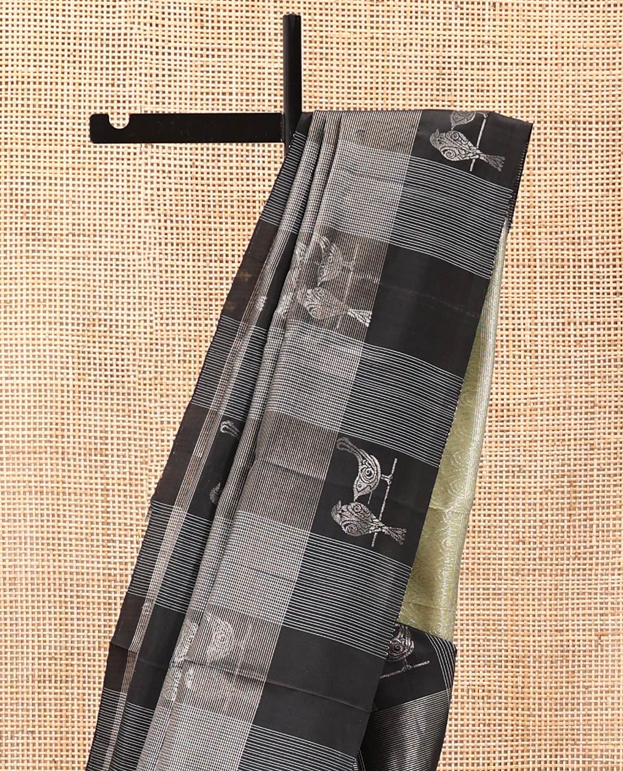 Borderless Black Mayuri Soft Silk Saree, Steeped in the Richness of Zari Checks all Over Its Body, Complemented by Contrast Intricately Designed Pallu and Paired with a Contrast Blouse - Image 3