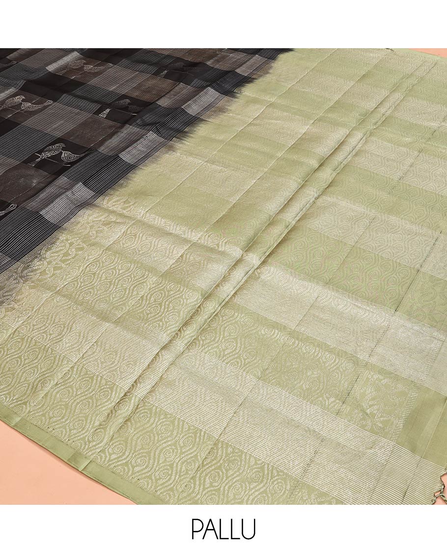 Borderless Black Mayuri Soft Silk Saree, Steeped in the Richness of Zari Checks all Over Its Body, Complemented by Contrast Intricately Designed Pallu and Paired with a Contrast Blouse - Image 5