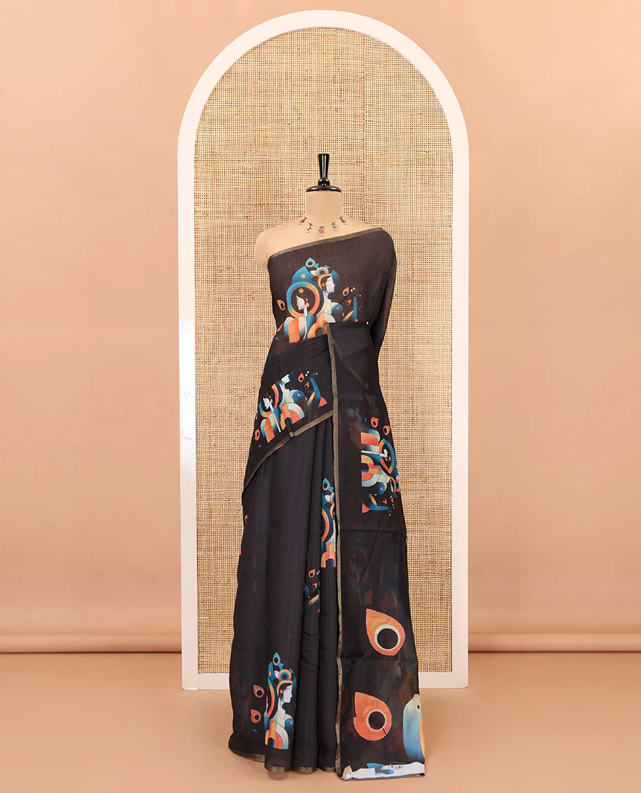 Borderless black modern art style Radha Krishna motifs printed chanderi cotton saree, big Radha Krishna motifs printed pallu and a contrast printed blouse - Image 2