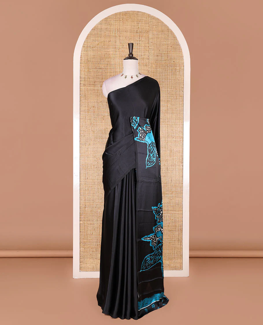 Borderless black-rama blue batik style abstract digital printed satin crepe saree with blouse of small buttas - Image 2