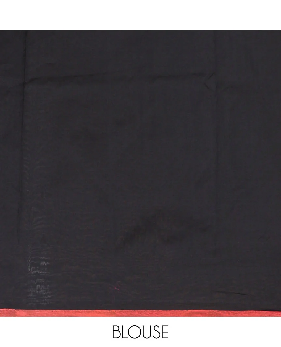 Borderless black rangoli-style chakram motifs printed South cotton saree with a matching blouse, and a contrast floral printed blouse - Image 5