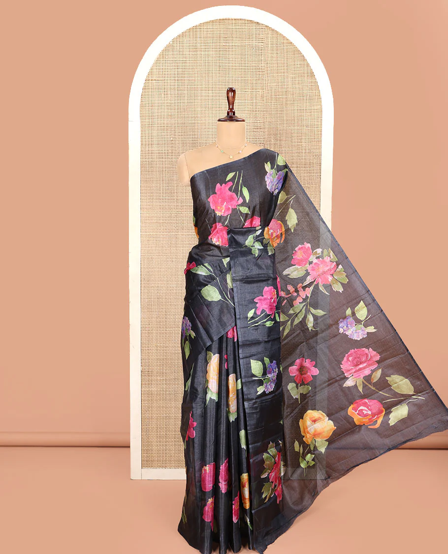 Borderless Black Tussar Silk Saree, Finely Printed with Floral Motifs On Its Body, Subtly Floral Printed Pallu and Paired with a Printed Blouse - Image 3