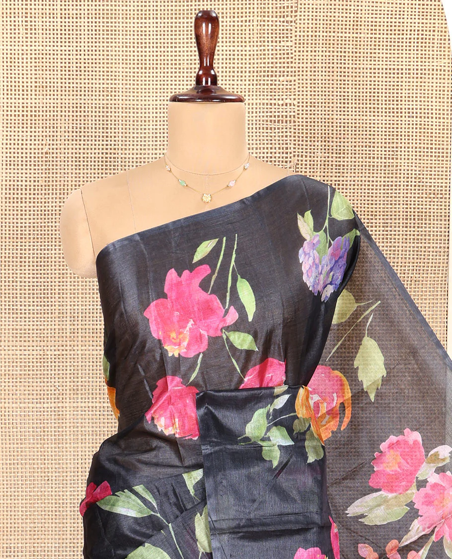 Borderless Black Tussar Silk Saree, Finely Printed with Floral Motifs On Its Body, Subtly Floral Printed Pallu and Paired with a Printed Blouse - Image 4