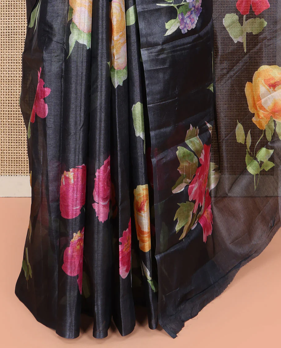 Borderless Black Tussar Silk Saree, Finely Printed with Floral Motifs On Its Body, Subtly Floral Printed Pallu and Paired with a Printed Blouse - Image 5