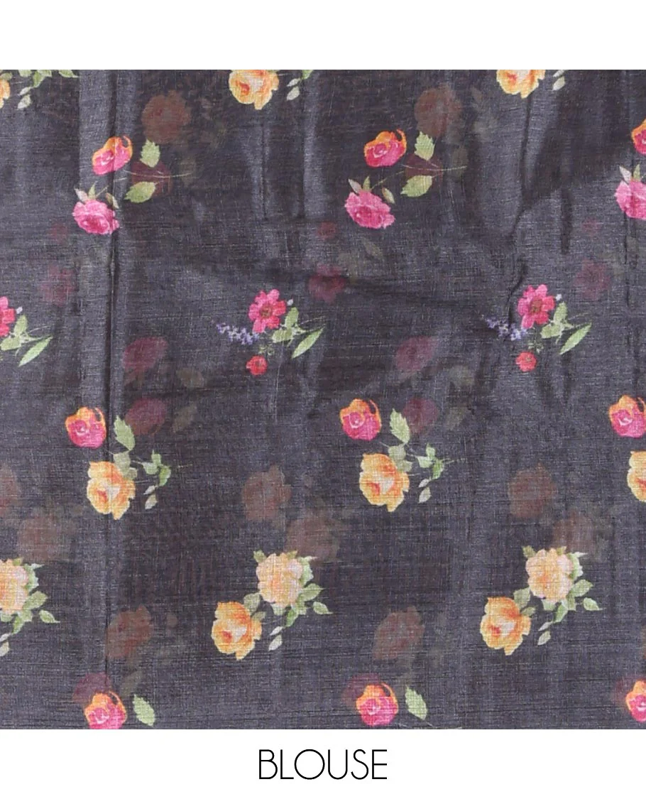 Borderless Black Tussar Silk Saree, Finely Printed with Floral Motifs On Its Body, Subtly Floral Printed Pallu and Paired with a Printed Blouse - Image 6
