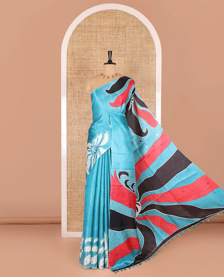 Borderless blue abstract-style star motifs abstract printed art khadi cotton saree, abstract-style printed pallu, and a matching blouse