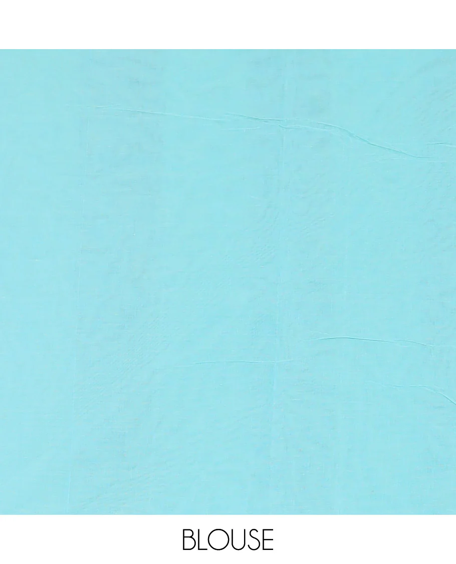 Borderless Blue Coimbatore Cotton Saree Prettified with Intricate Buttas All Over Its Body, Pallu Pictures Intricate Patterns, and Paired with a Plain Matching Blouse - Image 3