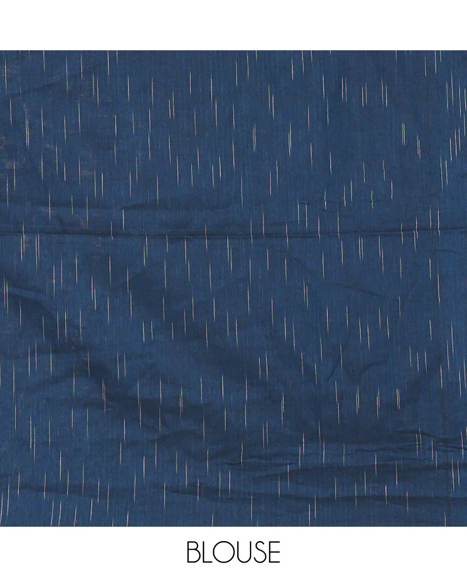 Borderless Blue Khadi Mul Cotton Saree Decked with Jharna-Style Waterdrop Motifs, Featuring a Gleaming Zari-Woven Pallu, Paired with a Matching Blouse Replicating the Body Motifs - Image 4