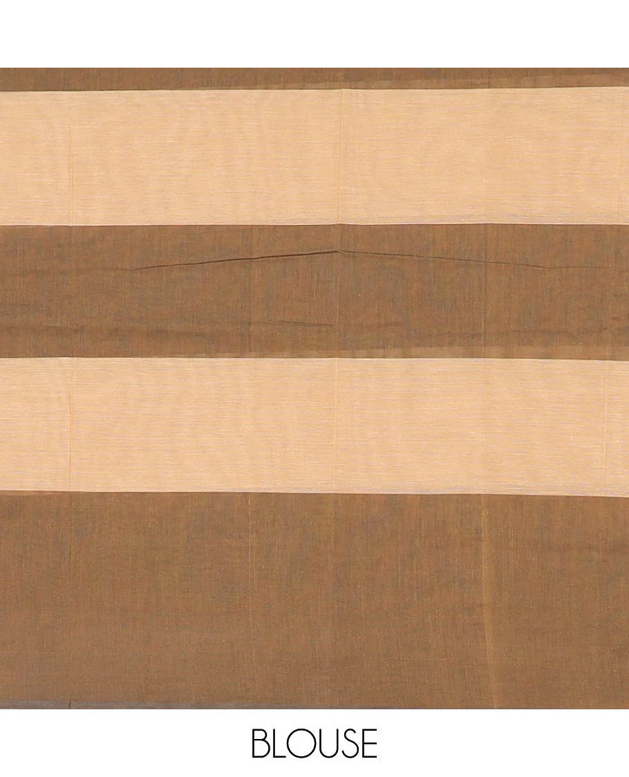 Borderless Brown and Sandal Coimbatore Cotton Saree Vibrantly Designed with Buttas All Over Its Body, Complemented by Pallu of Floral-Geometric Designs, and Paired with a Matching Blouse - Image 3