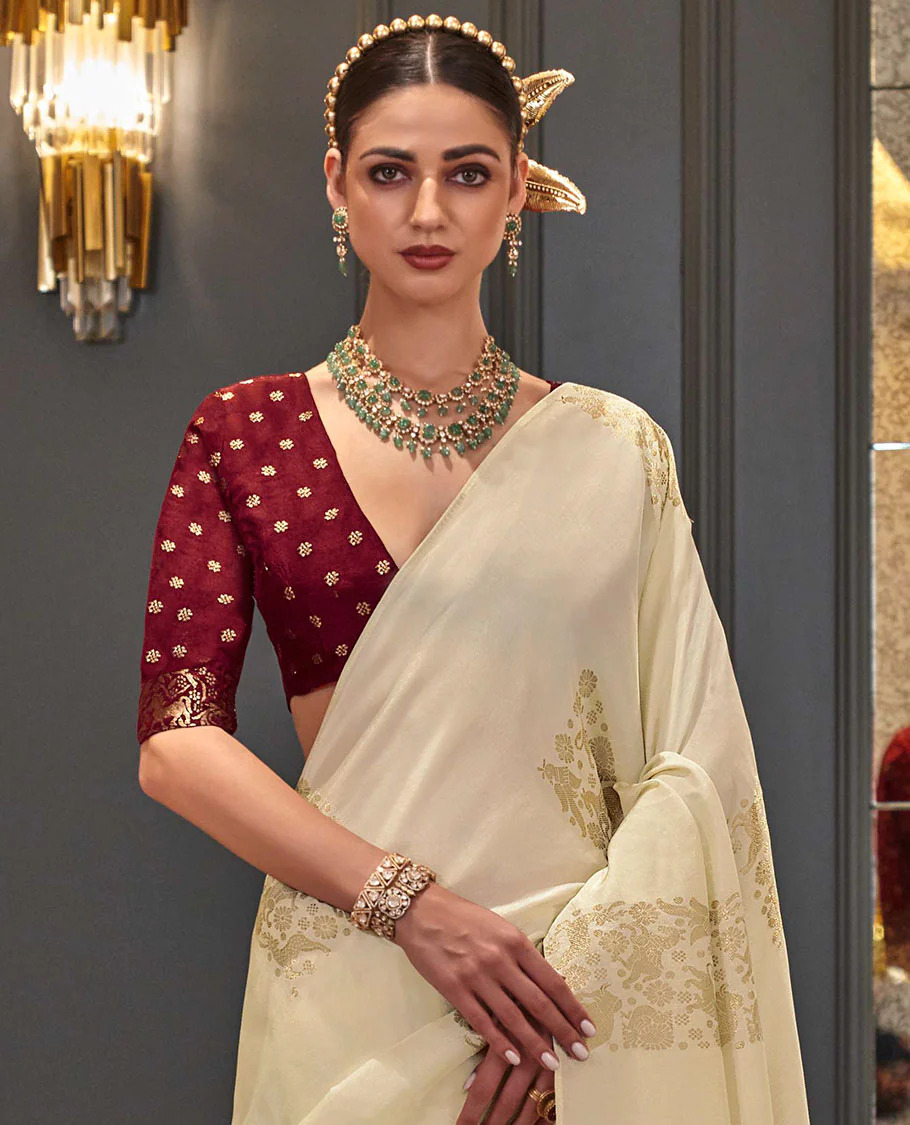 Borderless cream animal motifs designer saree, self-pallu of animal motifs - Image 2