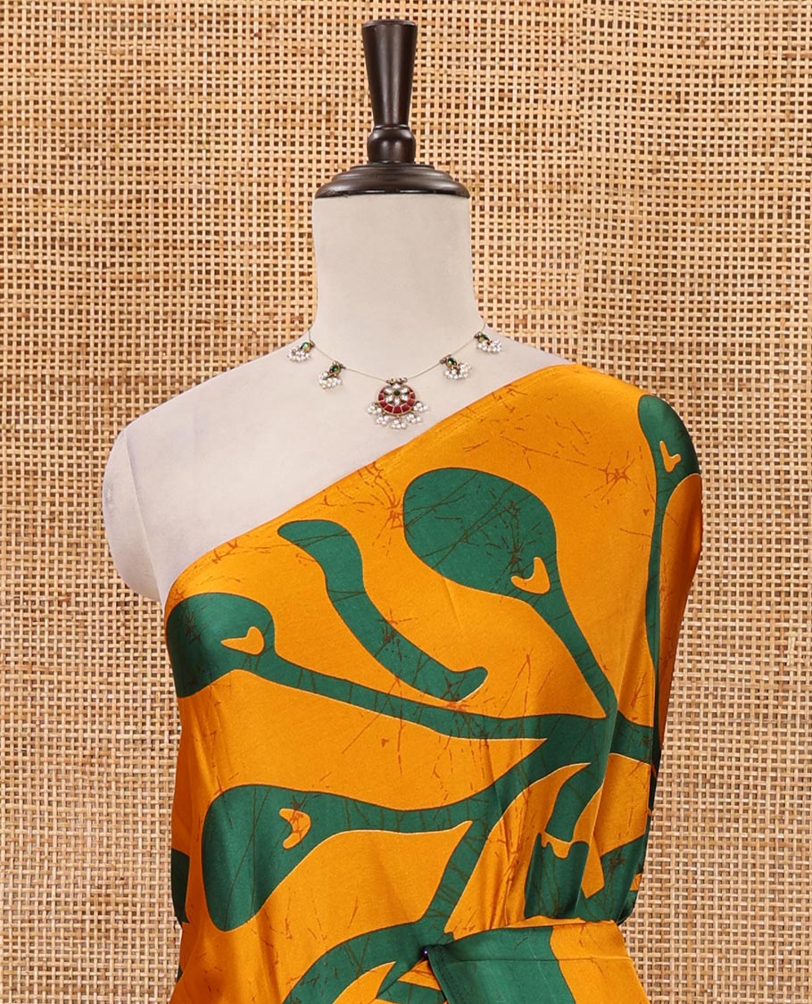 Borderless gold batik-style vine printed satin crepe saree, fancy printed self-pallu & batik printed blouse - Image 3