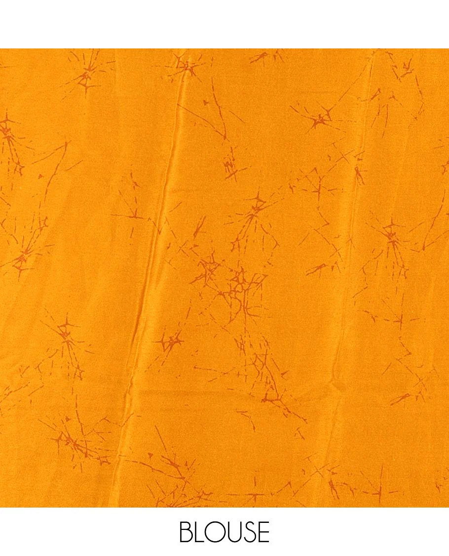 Borderless gold batik-style vine printed satin crepe saree, fancy printed self-pallu & batik printed blouse - Image 4