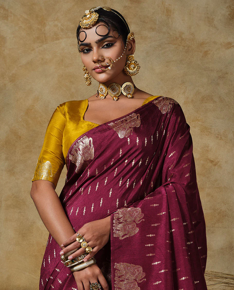 Borderless maroon buttas with elephant buttas designer saree, Mughal-style jacquard pallu - Image 2