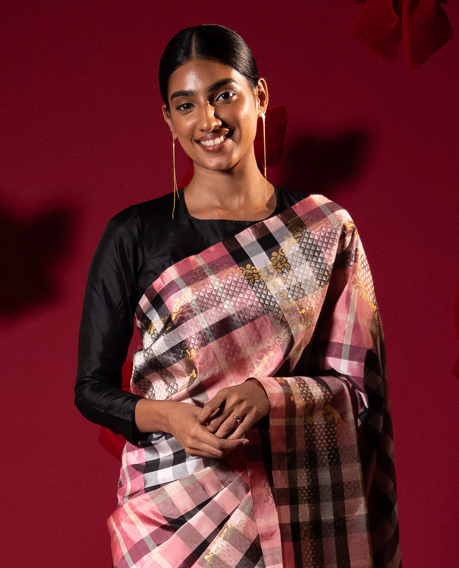 Borderless multi-color checked Kanchipuram silk saree features zari woven ara maadam and floral designs, contrast traditional zari motifs steeped pallu - Image 2