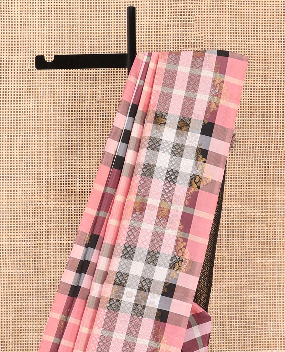 Borderless multi-color checked Kanchipuram silk saree features zari woven ara maadam and floral designs, contrast traditional zari motifs steeped pallu - Image 4