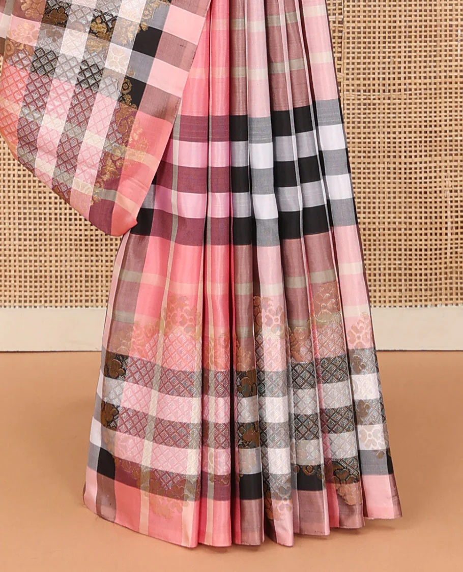 Borderless multi-color checked Kanchipuram silk saree features zari woven ara maadam and floral designs, contrast traditional zari motifs steeped pallu - Image 5