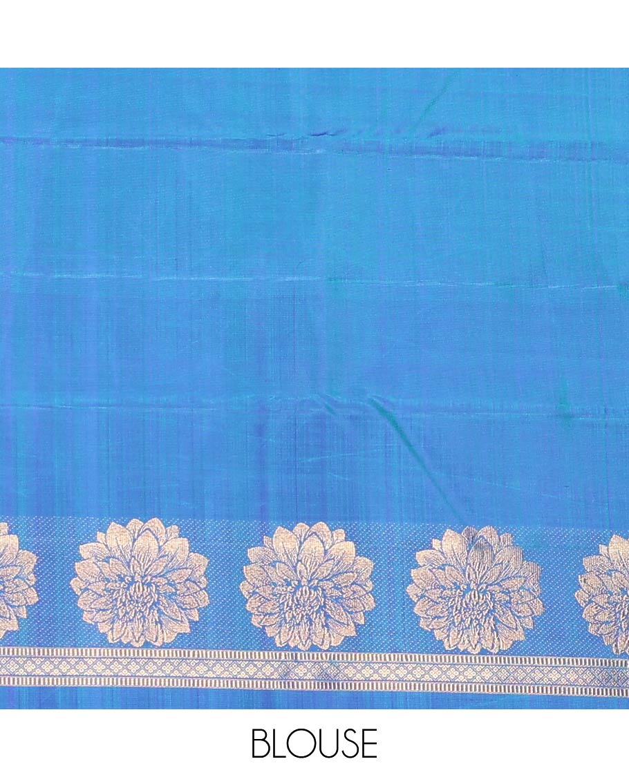 Borderless multi-color ragkat-style striped and floral creeper Kanchipuram designer saree, zari-rich vanki design pallu - Image 6