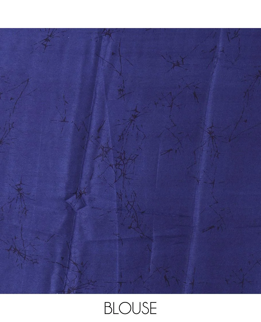 Borderless navy blue batik-style vine printed satin crepe saree, fancy printed self-pallu & batik printed blouse - Image 4