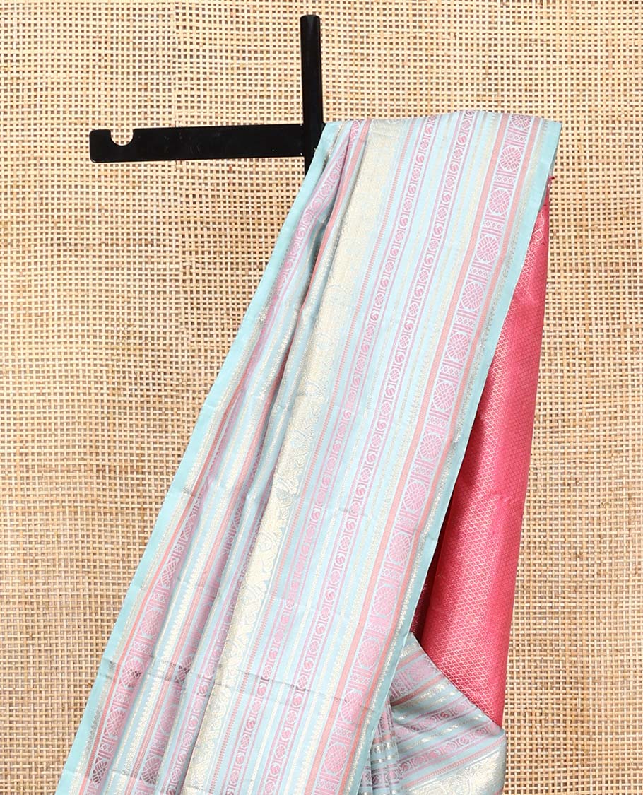 Borderless pastel blue traditional motifs steeped Kanchipuram silk saree, contrast pallu of mayil kann designs - Image 4