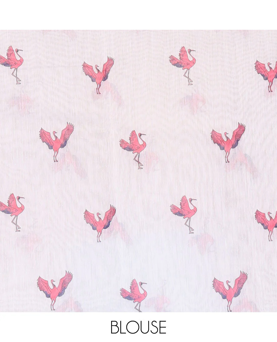 Borderless pink crane motifs printed linen cotton saree, crane motifs printed pallu, and a contrast crane printed blouse - Image 3