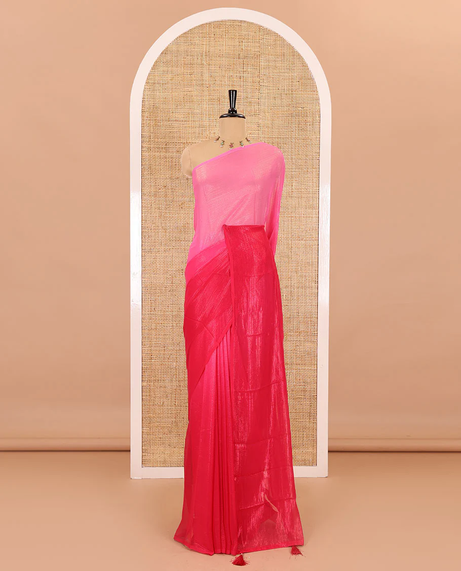 Borderless pink ombre-toned gleaming Shimmer Georgette saree, self-pallu with tassels and a plain pink blouse - Image 2