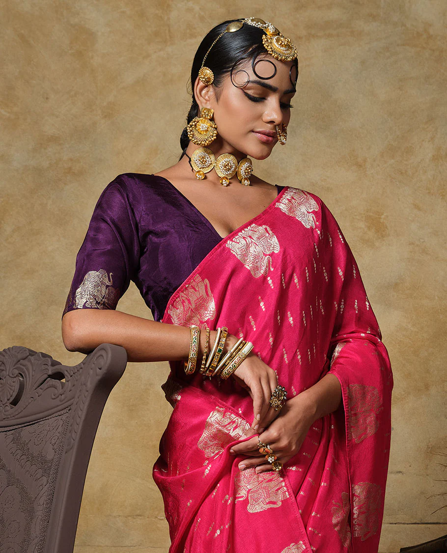 Borderless pink white buttas with elephant buttas designer saree, Mughal-style jacquard pallu - Image 2