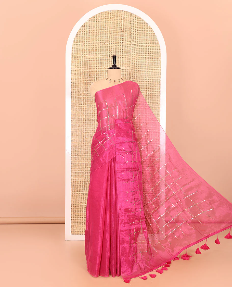 Borderless rani pink sequins embroidered checked khadi tissue saree, self-pallu, and a plain matching blouse