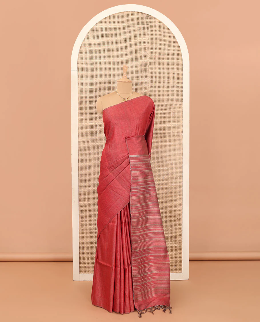 Borderless red plain tussar silk saree, self-pallu of stripes - Image 2