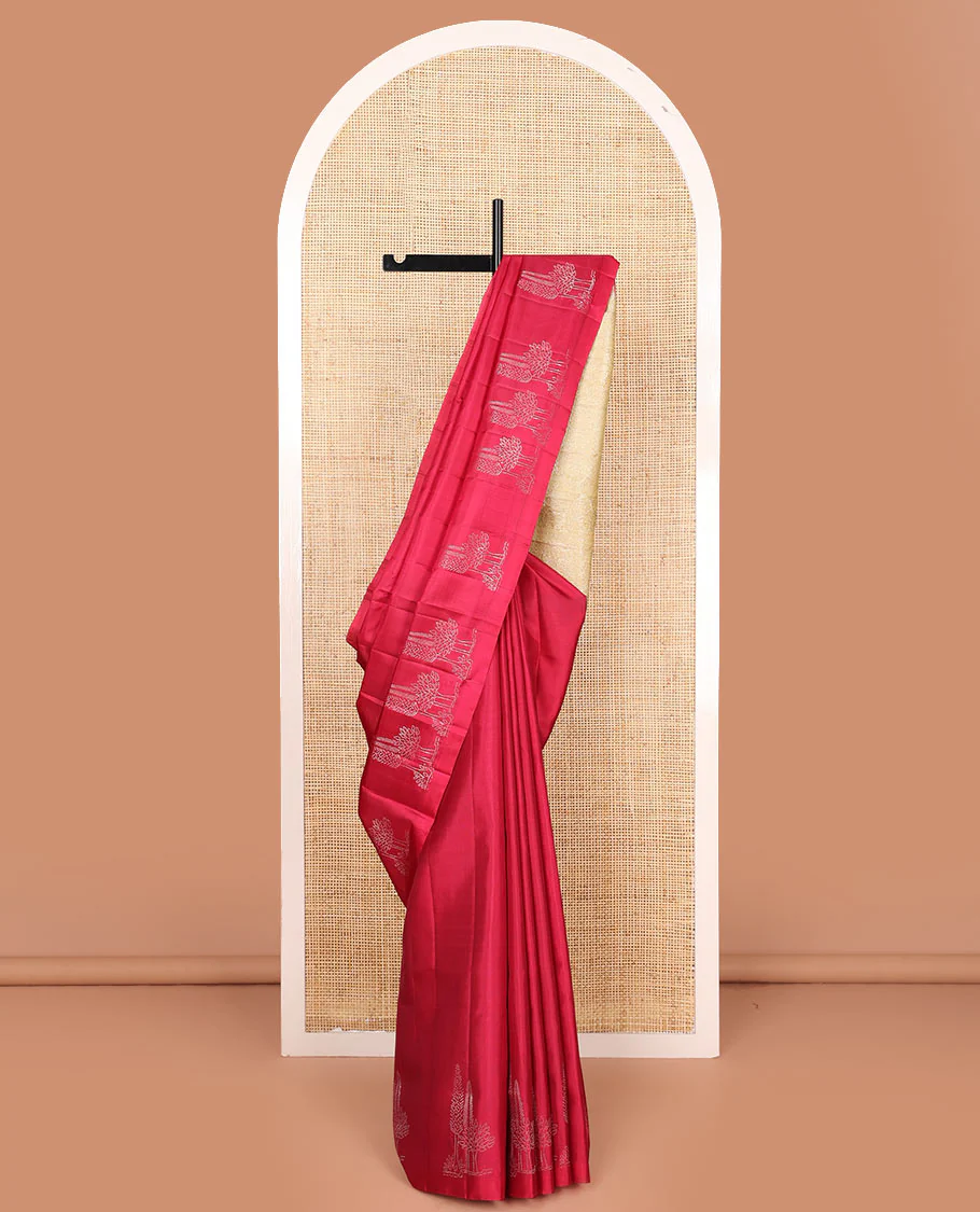 Borderless red tree buttas Mayuri soft silk saree, contrast intricately designed pallu