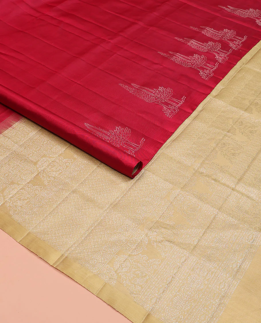 Borderless red tree buttas Mayuri soft silk saree, contrast intricately designed pallu - Image 2