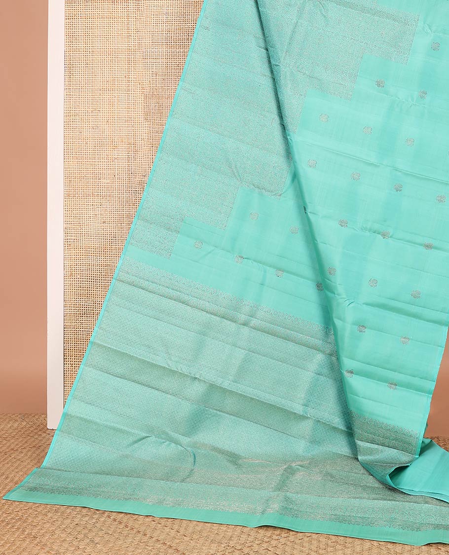 Borderless turquoise mayil and floral design Kanchipuram designer saree, zari-rich jaal pallu - Image 3