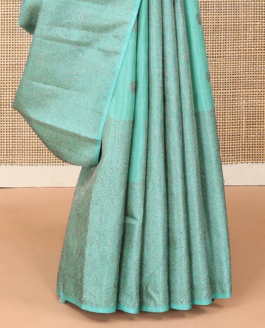 Borderless turquoise mayil and floral design Kanchipuram designer saree, zari-rich jaal pallu - Image 5