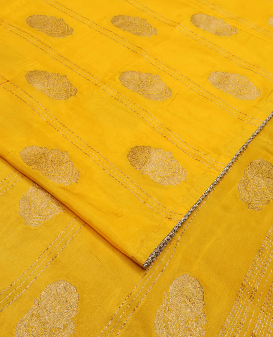 Borderless Yellow Floral Buttas Semi Banaras Dola, and Striped Saree, Lace Border, Zari Design Dallu, and a Matching Embroidered Elbow Sleeve Readymade Blouse - Image 2