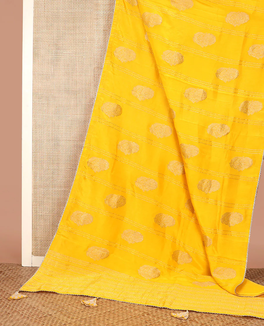 Borderless Yellow Floral Buttas Semi Banaras Dola, and Striped Saree, Lace Border, Zari Design Dallu, and a Matching Embroidered Elbow Sleeve Readymade Blouse - Image 3