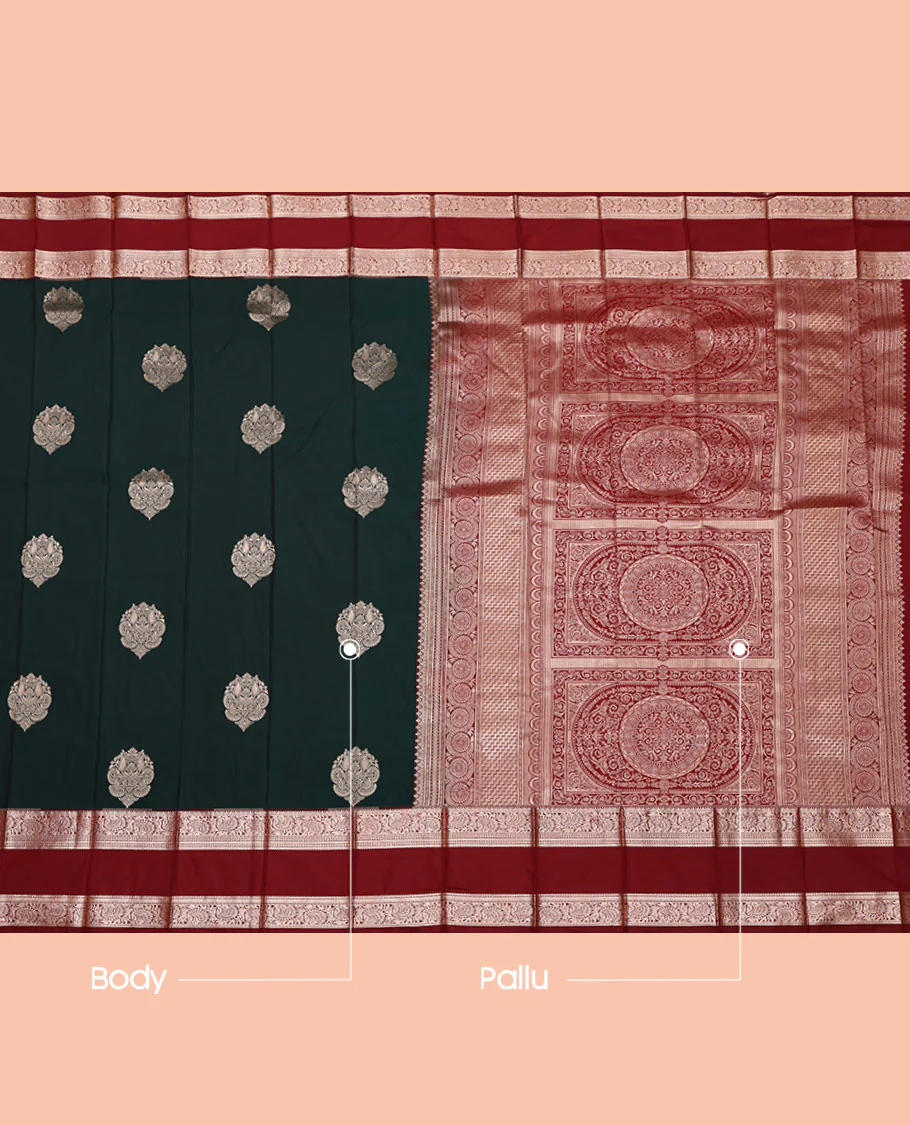 Bottle Green Budget Silk Saree, Enriched with Zari Buttas All Over Its Body, Complemented by a Contrast Traditional Zari Design Rettai Pettu Border, Intricately Designed Pallu, and Paired with a Contrast Blouse - Image 3