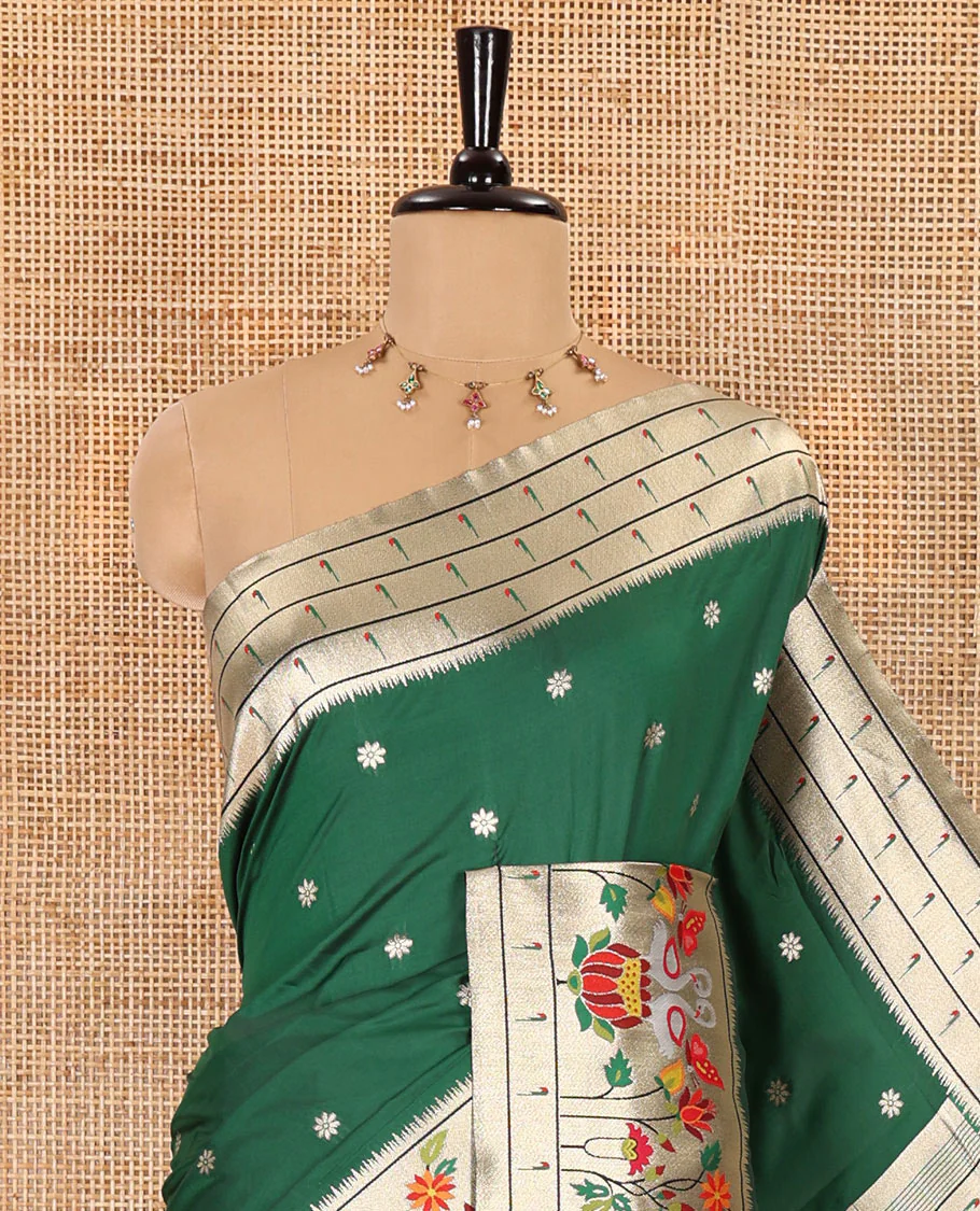 Bottle green floral buttas art silk paithani saree, contrast floral, bird, and muniya border, pallu of floral and bird designs and a matching blouse - Image 2