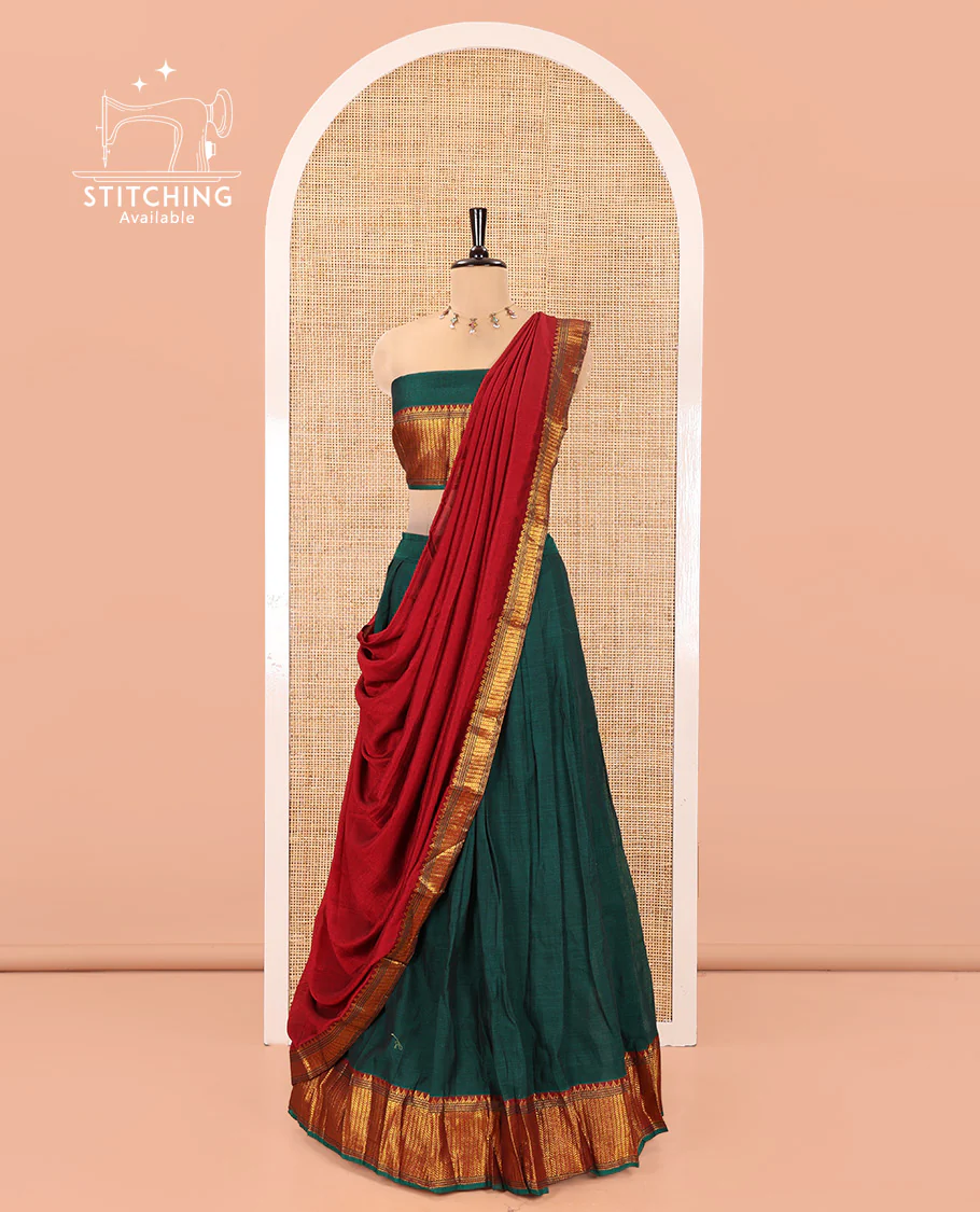 Bottle Green Mercerised Cotton Half-Saree Features Plain with Contrast Traditional Zari Temple Bordered Skirt, Paired with a Matching Blouse, and Comes with a Contrast Zari-Bordered Dhavani - Image 3