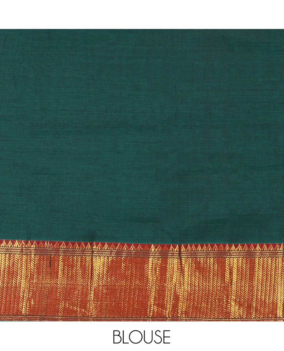 Bottle Green Mercerised Cotton Half-Saree Features Plain with Contrast Traditional Zari Temple Bordered Skirt, Paired with a Matching Blouse, and Comes with a Contrast Zari-Bordered Dhavani - Image 4