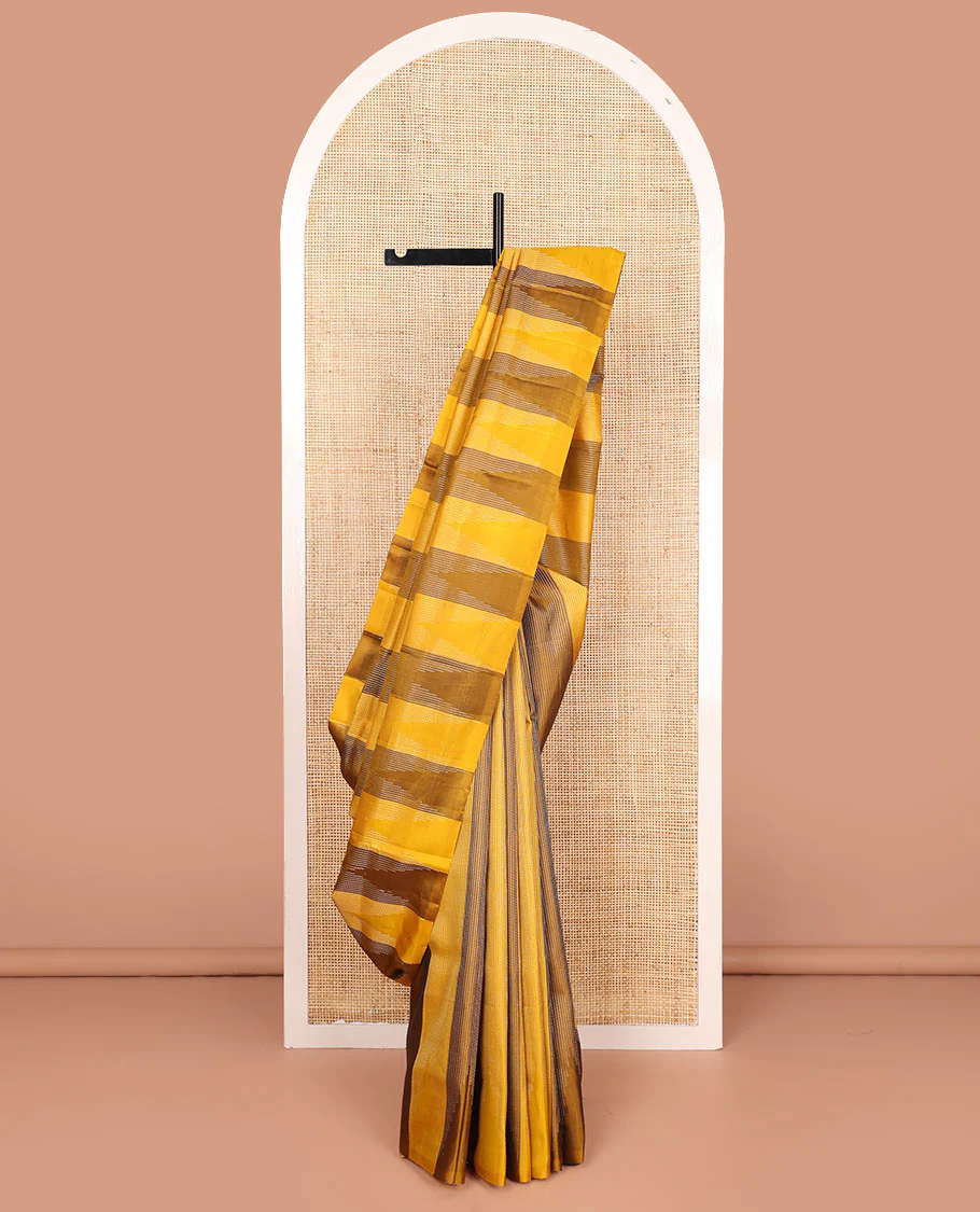 Broderless yellow striped and temple design Mayuri soft silk saree, zari woven pallu of seppu rekku designs