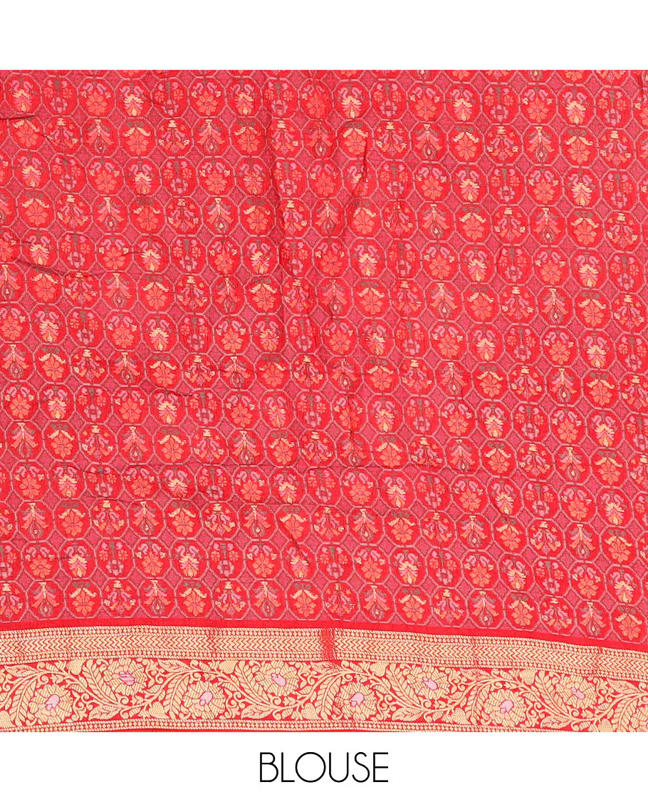 Brown bandhani dots and zari buttas bandhani silk saree, contrast floral creeper zari border, and patola butta enclosed checked pallu - Image 3