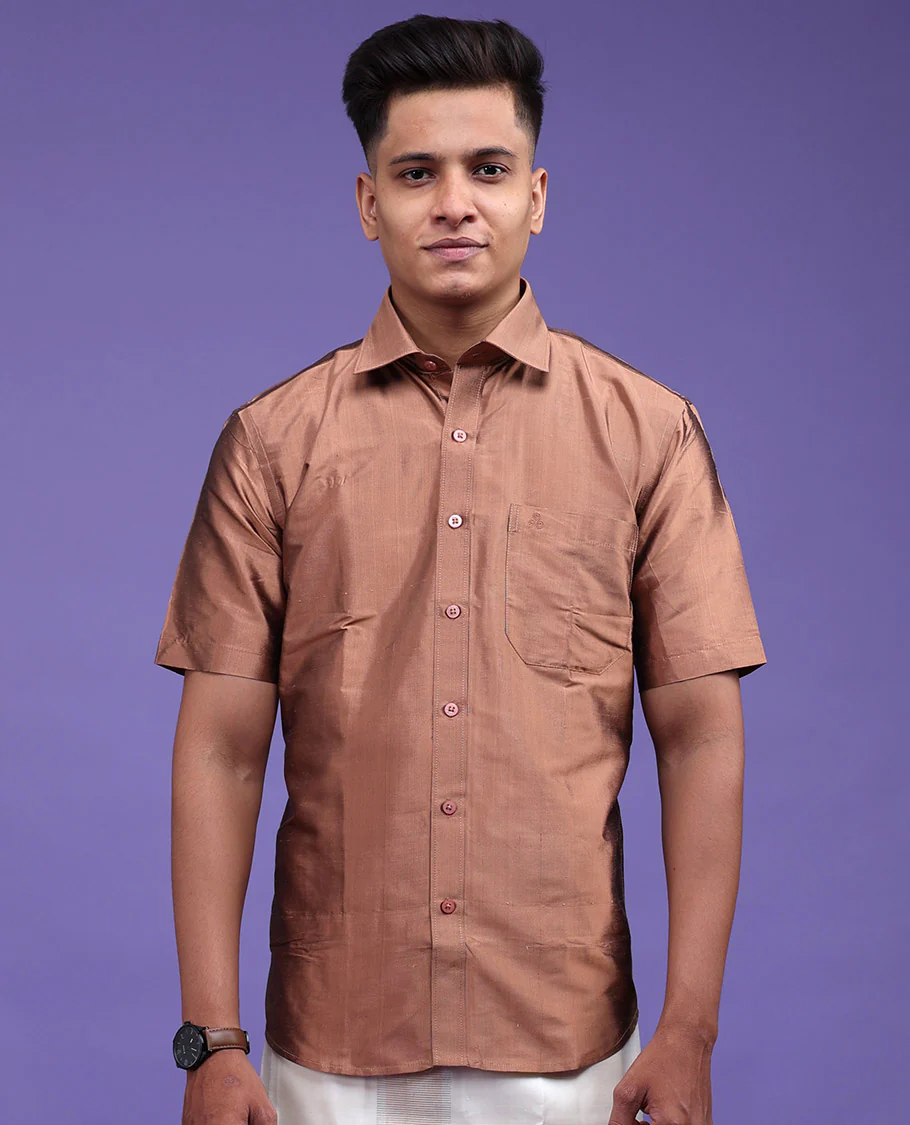 Brown color plain design half-sleeve pure-silk shirt - Image 13