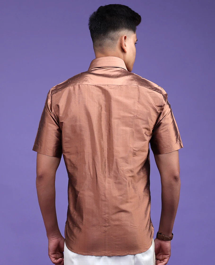 Brown color plain design half-sleeve pure-silk shirt - Image 6