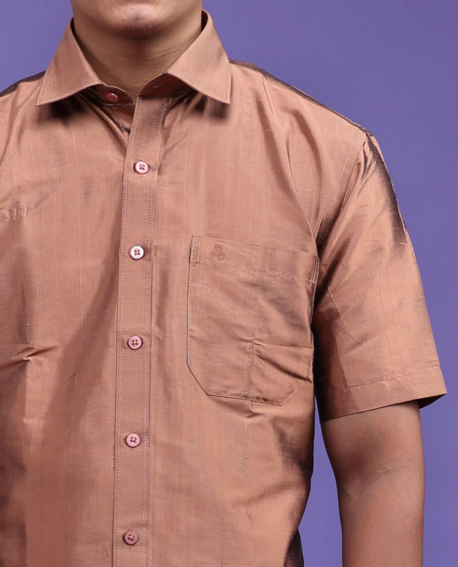 Brown color plain design half-sleeve pure-silk shirt - Image 8