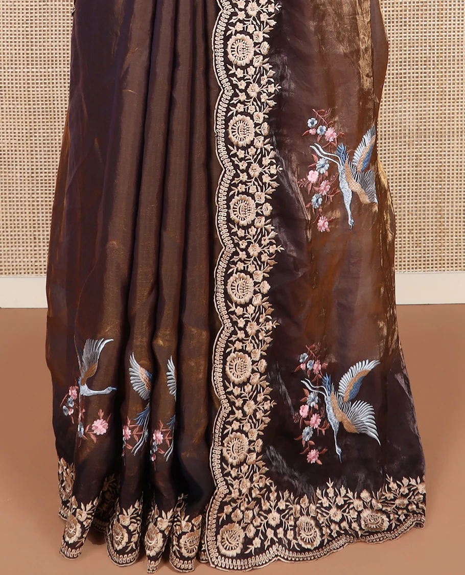 Brown crane and floral motifs thread embroidered designer saree, scallop floral thread embroidered border, and embroidered pallu - Image 4