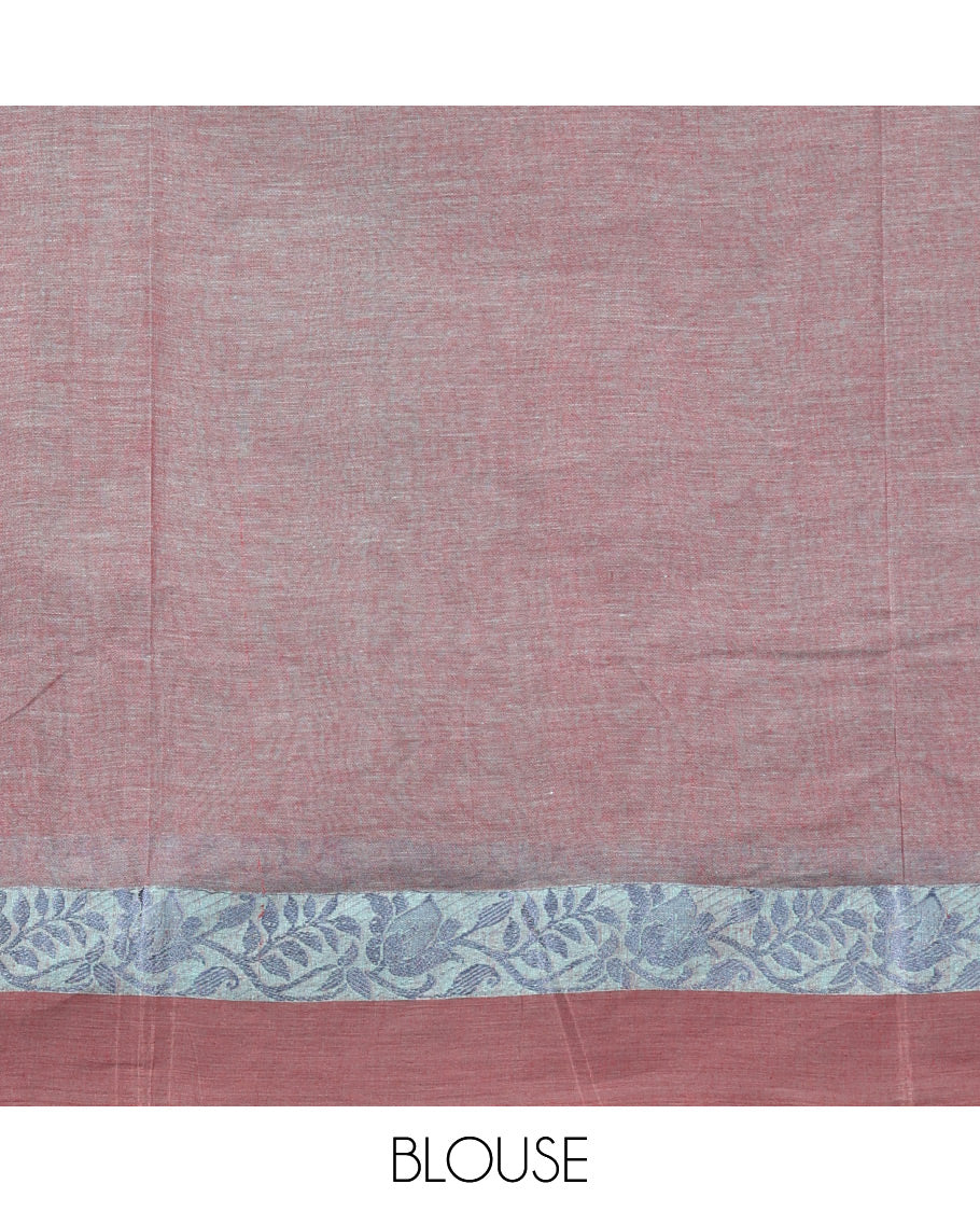 Brown Dual-tone Bengal Cotton Saree, Decorated with Buttas All Over Its Body, Complemented by a Contrast Border of Floral Creeper Designs, Pallu of Stripes and Buttas, and Paired with a Matching Blouse - Image 3