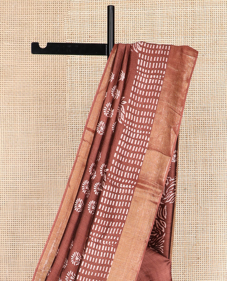 Brown floral and geometric printed banana pith saree, zari border, and printed pallu - Image 3