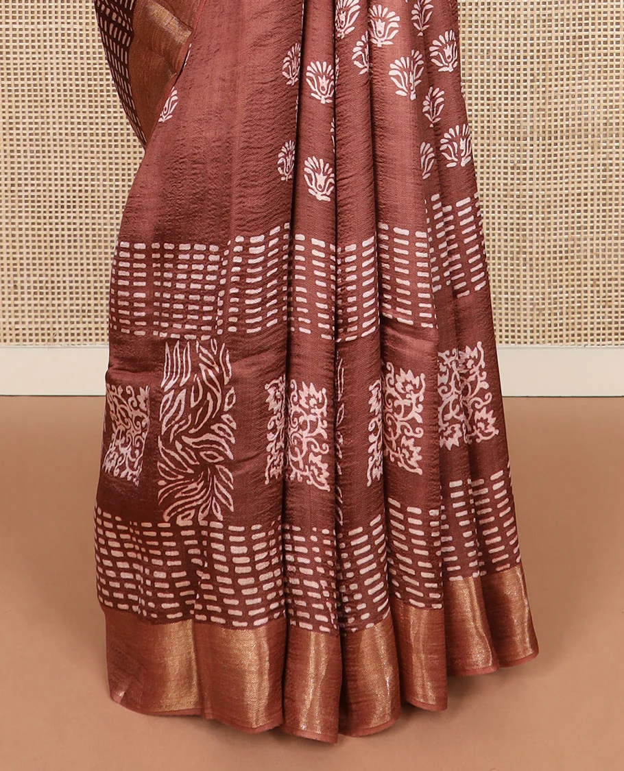 Brown floral and geometric printed banana pith saree, zari border, and printed pallu - Image 4
