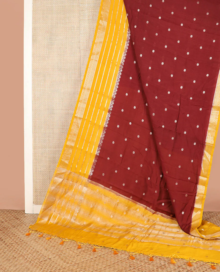 Brown floral buttas assam silk saree, contrast traditional zari border, and pallu of stripes and zari buttas - Image 2