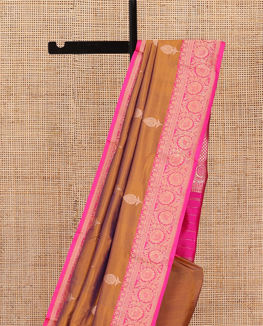 Brown floral buttas katan silk saree, contrast traditional floral creeper border, and jaal pallu - Image 3