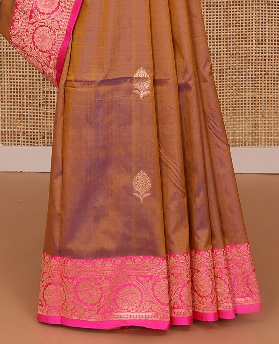 Brown floral buttas katan silk saree, contrast traditional floral creeper border, and jaal pallu - Image 4